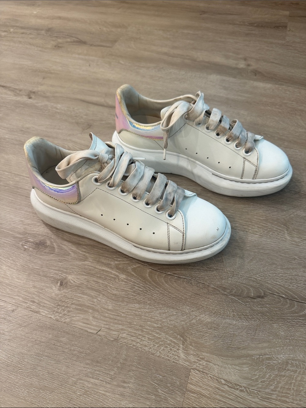 Authentic Alexander McQueen White Platform Sneakers with Iridescent Heel Tab